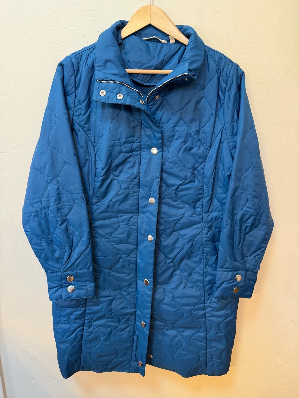 Soft Surroundings Long Puffer Jacket Womens Sz L Blue Full Zip Outdoor Packable